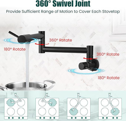 Heyalan Pot Filler 19 Inch Wall Mount Folding Stretchable Kitchen Restaurant Faucet Stainless Steel Pot Filler Double Joint Swing Arm Two Handles Commercial NPT,Straight Handle,Matte Black