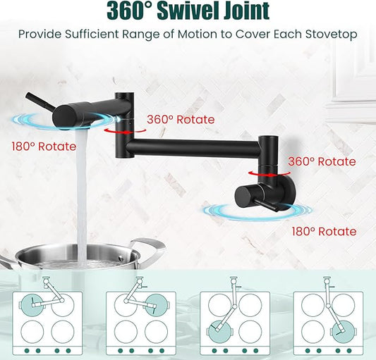 Heyalan Pot Filler 19 Inch Wall Mount Folding Stretchable Kitchen Restaurant Faucet Stainless Steel Pot Filler Double Joint Swing Arm Two Handles Commercial NPT,Straight Handle,Matte Black