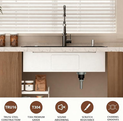 Black Kitchen Sink Drop-in with Accessories: 30x18 Workstation Sink Drop-in Kitchen Sink Stainless Steel Deep Single Bowl with Cutting Board & Pull-out Faucet for Family Kitchen
