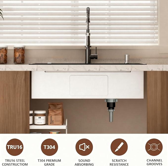 Black Kitchen Sink Drop-in with Accessories: 32x19 Workstation Sink Drop-in Kitchen Sink Stainless Steel Deep Single Bowl with Cutting Board & Pull-out Faucet for Family Kitchen