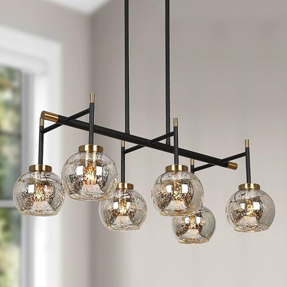KSANA Dining Room Light Fixture, Modern Metal Black Gold Chandelier for Kitchen Island with Mercury Glass Shades, 27.5"