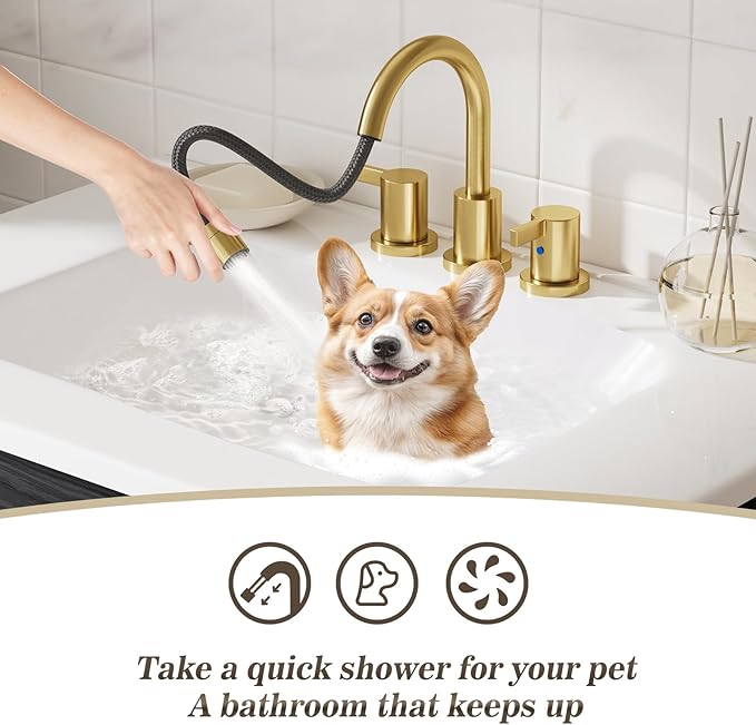 Phiestina Pull Down Sprayer Brushed Gold 8 Inch Bathroom Sink Faucet, 2 Handles 3 Hole Widespread Pull Out Bathroom Faucet，with Pop Up Drain and Water Supply Line,BF04022-K01-BG