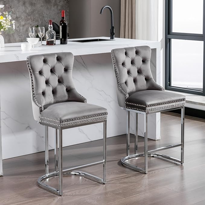 26" Counter Height Bar Stools Set of 2, Modern Velvet Barstools with Button Back&Rivet Trim Upholstered Kitchen Island Chairs with Sturdy Chromed Metal Base Legs