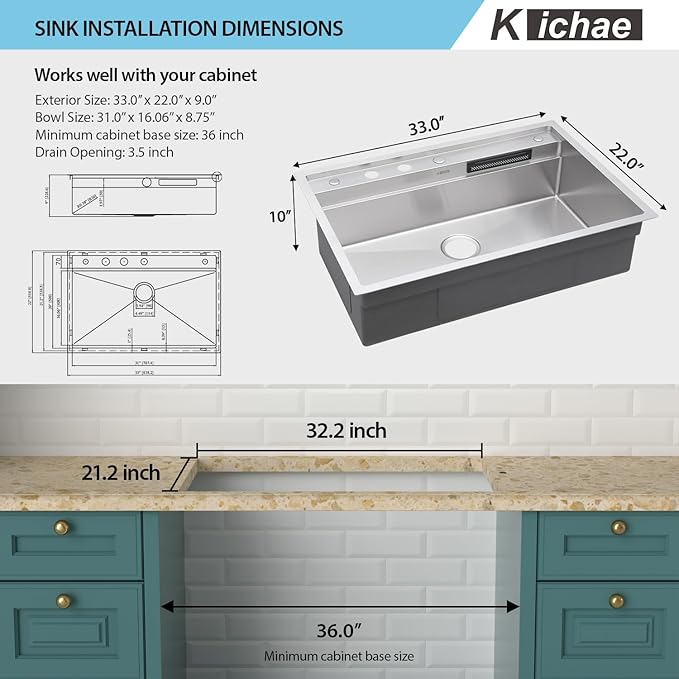 Kichae Drop In Kitchen Sink Waterfall - 33x22 Drop Sink Stainless Steel 16 Gauge Luxury Ledge Workstation Deep Single Bowl Topmount Overmount Sinks Splash Guard Design Handmade Basin