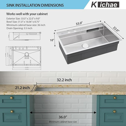 Kichae Drop In Kitchen Sink Waterfall - 33x22 Drop Sink Stainless Steel 16 Gauge Luxury Ledge Workstation Deep Single Bowl Topmount Overmount Sinks Splash Guard Design Handmade Basin