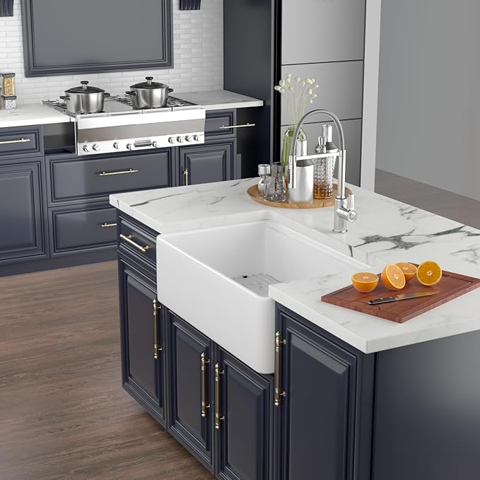 Kichae 33 Inch White Farmhouse Kitchen Sink Workstation Apron Front Farm Sink with Slide Ledge Fireclay Ceramic Porcelain Single Bowl Basin with Accessories