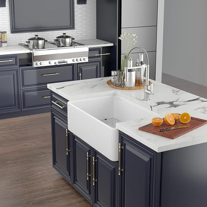 Kichae 33 Inch White Farmhouse Kitchen Sink Workstation Apron Front Farm Sink with Slide Ledge Fireclay Ceramic Porcelain Single Bowl Basin with Accessories