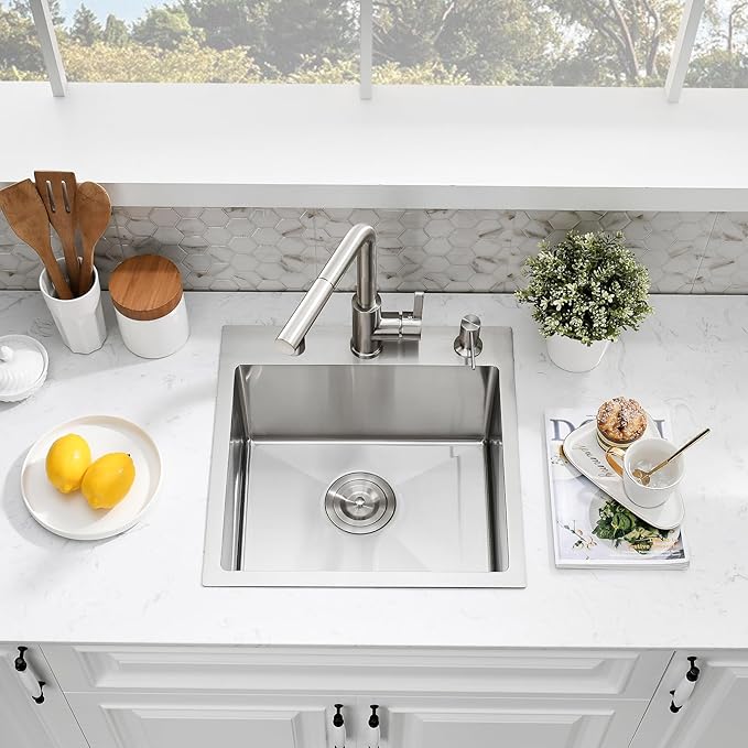 15×15 Inch Drop-In Stainless Steel Bar Sink with Faucet Combo - Top Mount Single Bowl, Small Kitchen Sink for Bar Prep, RV, and Compact Spaces