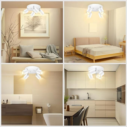BoostArea LED 4 Light Track Lighting Kit, LED Track Lighting Fixtures, White Round Ceiling Spot Lighting, Flexibly Rotatable Light Head for Kitchen, Living Room, Bedroom, GU10 Bulb Not Included