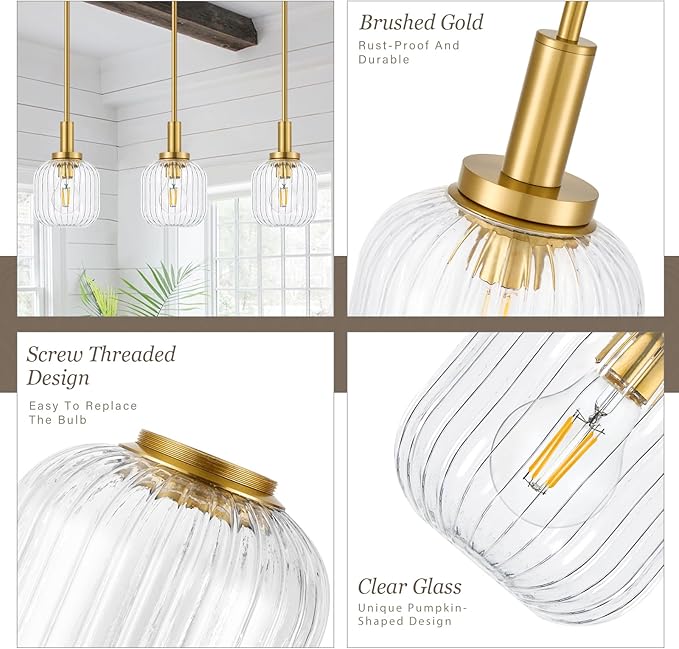 Brushed Gold Pendant Lights Kitchen Island, 1-Light 5.9" Modern Glass Pendant Light with Clear Glass and Rods, Mini Hanging Lighting for Kitchen Sink Bathroom Bedroom, OS-YQ7749-1PBG