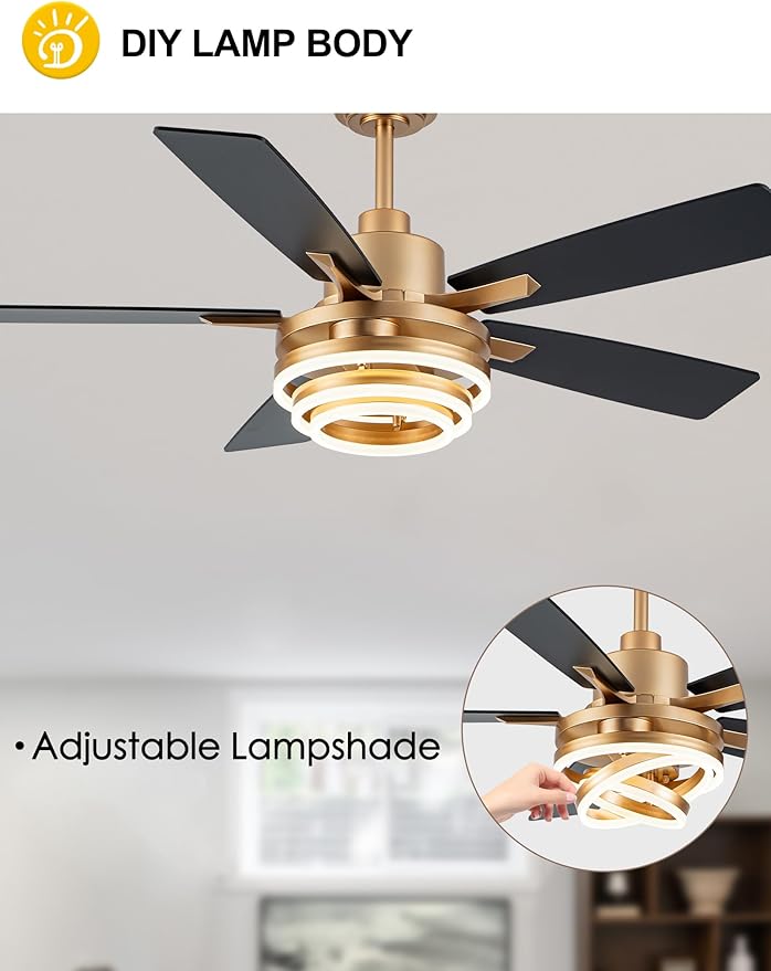 Dawn Whisper 52" Ceiling Fan with Light Gold Chandelier Fan DC Motor Dimmable LED Modern Ceiling Fan with Light for Bedroom Living Room