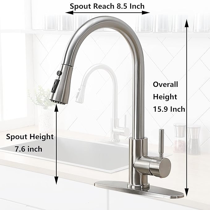 IKEBANA Kitchen Faucet, Brushed Nickel Kitchen Sink Faucet with Pull Down Sprayer, High Arc Single Handle Stainless Steel Pull Out Faucet for Kitchen Sink