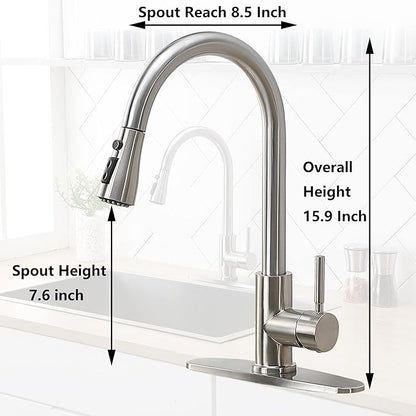 IKEBANA Kitchen Faucet, Brushed Nickel Kitchen Sink Faucet with Pull Down Sprayer, High Arc Single Handle Stainless Steel Pull Out Faucet for Kitchen Sink