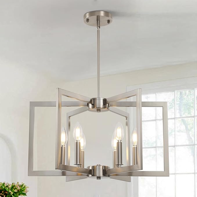Sigaitwei 6-Light Modern Metal Geometric Chandelier，Kitchen Island Brushed Nickel Lighting Fixtures，Entryway Light Fixture Hanging Brushed Nickel，Farmhouse for Dining Room Chandelier