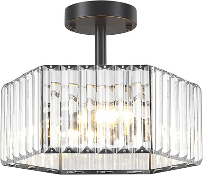 TOULMJ Modern Black Semi Flush Mount Ceiling Light, 3-Light Crystal Entryway Light Fixture Close to Ceiling Kitchen Lighting, Hallway Light Fixtures Flush Mount Chandelier for Bathroom Bedroom Foyer