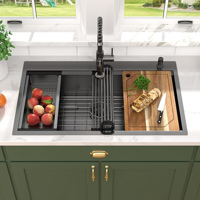 36 Inch Drop In Kitchen Sink with Faucet Combo - 36x22 Workstation All-In One Drop In Gunmetal Black NANO-PVD 16 Gauge Stainless Steel Kitchen Sink Topmount Single Bowl Large Sinks #TLT-0025