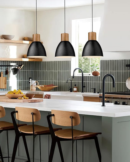ELYONA 3 Pack Hammered Pendant Lights for Kitchen Island 7” Small Metal Solid Wood Hanging Light Fixtures Adjustable Height Farmhouse Pendant Lighting for Dining Room Bedroom Bar Office, Modern Black
