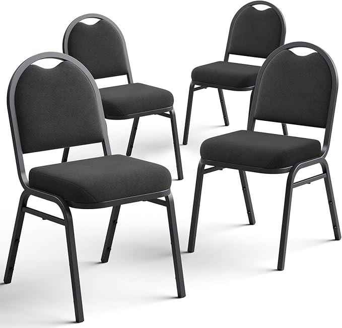 Stackable Banquet Dining Chairs 4 Pack, Upholstered Crown Back Event Chairs with Black Fabric Seat, Heavy Duty Steel Frame, 300 lb Capacity, No Assembly, for Restaurant Wedding Conference