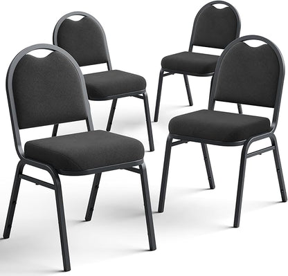 Stackable Banquet Dining Chairs 4 Pack, Upholstered Crown Back Event Chairs with Black Fabric Seat, Heavy Duty Steel Frame, 300 lb Capacity, No Assembly, for Restaurant Wedding Conference