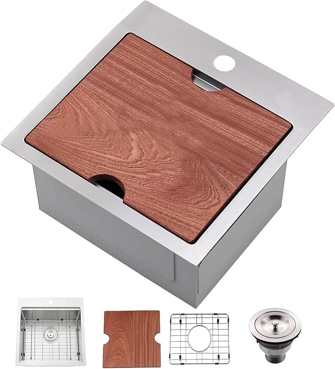 IKEBANA 15x15 Inch Bar Sink Drop in, Brushed Nickel Topmount Small Kitchen Sink, Single Bowl Handmade16 Guage T-304 Stainless Steel Workstation Kitchen Sinks, Outdoor RV Prep Wet Bar Sinks