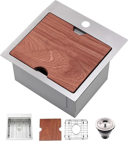 IKEBANA 15x15 Inch Bar Sink Drop in, Brushed Nickel Topmount Small Kitchen Sink, Single Bowl Handmade16 Guage T-304 Stainless Steel Workstation Kitchen Sinks, Outdoor RV Prep Wet Bar Sinks
