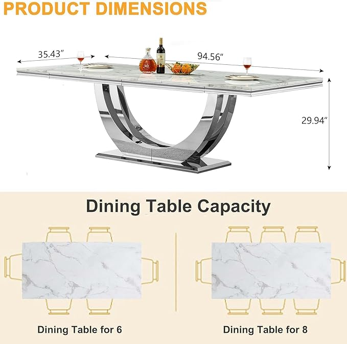 94 Inch White Marble Dining Table for 6-10 People, Modern Extra Long Rectangular Kitchen Table w/Faux Marble Top & Gorgeous Mirrored Stainless Steel Base, Large Rectangular Silver Dining Room Table
