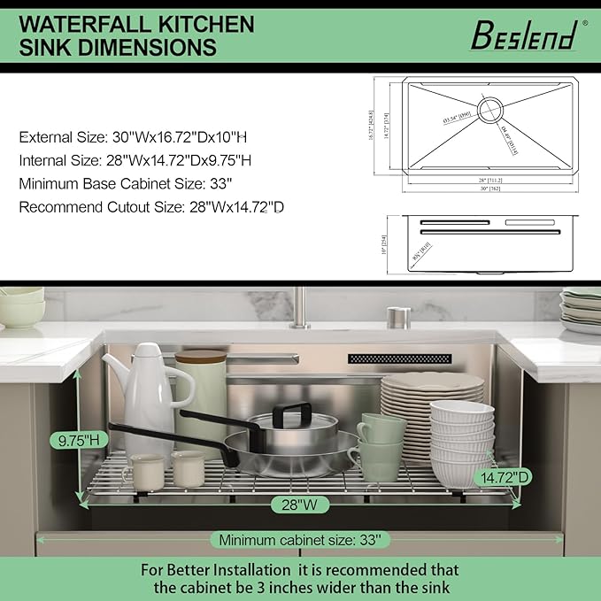 30 inch Undermount Kitchen Sink - Beslend 30x17x10 Waterfall Sink with Pull-Down Faucet 16 Gauge Stainless Steel, Double Track Workstation Kitchen Sinks with Faucet Combo, Handmade Dish Basin
