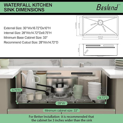 30 inch Undermount Kitchen Sink - Beslend 30x17x10 Waterfall Sink with Pull-Down Faucet 16 Gauge Stainless Steel, Double Track Workstation Kitchen Sinks with Faucet Combo, Handmade Dish Basin