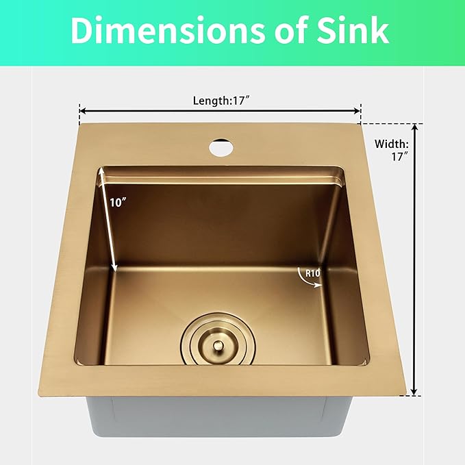 17 Inch Gold Sink Undermount, 16 Gauge 304 Stainless Steel Workstaion Kitchen Sinks with Ledge & Accessories, 17" x 17" x10" Deep Bowl For Outdoor, RV,Prep Sink, and Wet Bar