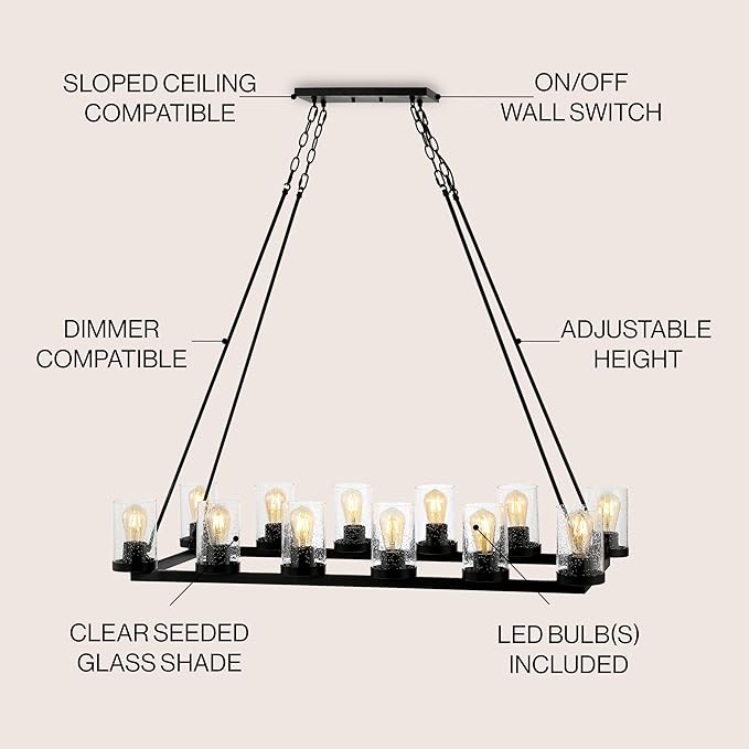 JONATHAN Y 45.5" Oil Rubbed Bronze 12-Light Rustic Farmhouse LED Chandelier, Round Metal Wagon Wheel Pendant Lighting for Dining Room Kitchen with Seeded Glass Shade (JYL7555A)