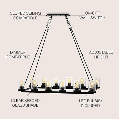 JONATHAN Y 45.5" Oil Rubbed Bronze 12-Light Rustic Farmhouse LED Chandelier, Round Metal Wagon Wheel Pendant Lighting for Dining Room Kitchen with Seeded Glass Shade (JYL7555A)