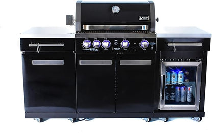 Mont Alpi Premium 70"W x 24"D Black Stainless Steel Compact Outdoor Kitchen Island with Refrigerator + 32"W 4-Burner BBQ Grill with Infrared Rotisserie Burner + Storage Cabinets + Granite Countertops