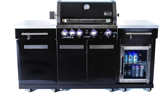 Mont Alpi Premium 70"W x 24"D Black Stainless Steel Compact Outdoor Kitchen Island with Refrigerator + 32"W 4-Burner BBQ Grill with Infrared Rotisserie Burner + Storage Cabinets + Granite Countertops