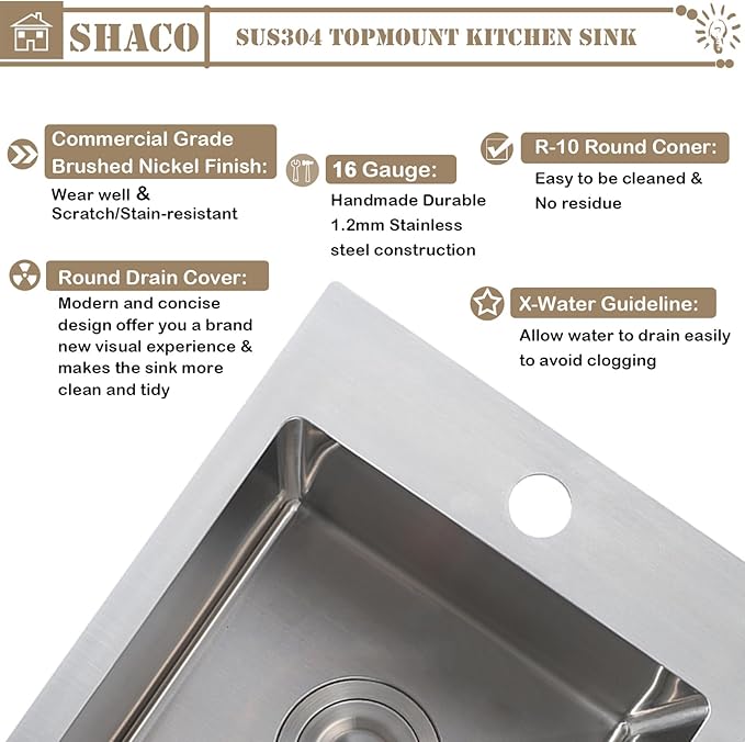 SHACO 13x15 Inch Drop In RV Bar Sink, Topmount 16 Gauge Stainless Steel Single Bowl Small Kitchen Outdoor Sink with Strainer Drain