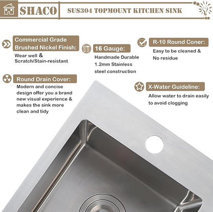 SHACO 13x15 Inch Drop In RV Bar Sink, Topmount 16 Gauge Stainless Steel Single Bowl Small Kitchen Outdoor Sink with Strainer Drain