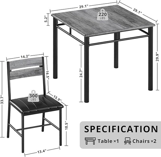 IRONCK Dining Table Set for 2, Small Kitchen Table with Upholstered Chairs for Kitchen & Dining Room, Compact Dining Set for Small Spaces, Gray