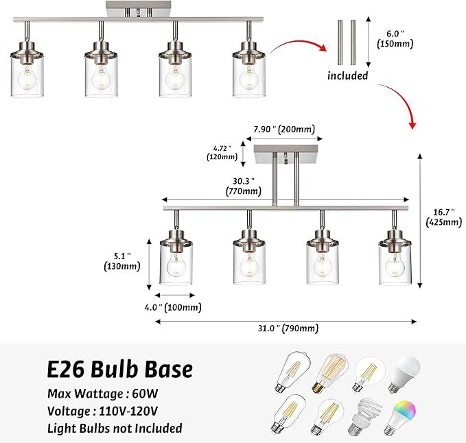 4 Lights Directional Ceiling Light Fixtures with Flexibly Rotatable Light Head Brushed Nickel Bathroom Lights Modern Complete Track Lighting Kits with Clear Glass Shade, E26 Base