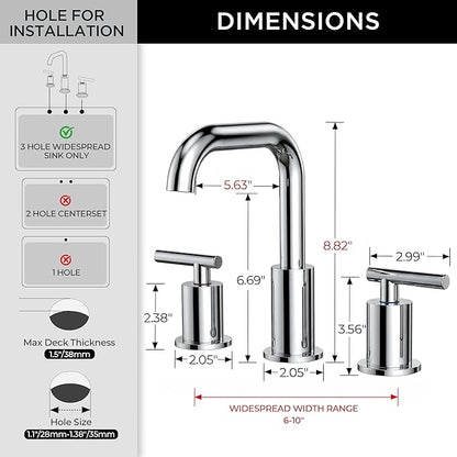 FORIOUS Bathroom Sink Faucet Chrome, 3 Hole Widespread Bathroom Faucets for Vanity Restroom RV Lavatory,with Pop Up Drain and Hoses