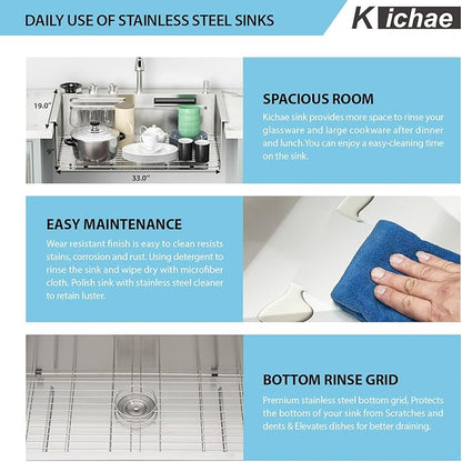 Kichae Drop In Kitchen Sink Waterfall - 33x22 Workstation Kitchen Sink Waterfall Stainless Steel 16 Gauge Luxury Handmade Single Bowl Drop Sinks with Faucet Combo & Glass Rinser