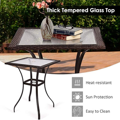 LDAILY Moccha 28.5" Patio Table, Outdoor Dining Bistro Table w/Umbrella Hole, Tempered Glass Top & Steel Frame, Backyard Balcony Furniture Garden Table