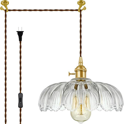 Plug-in Pendant Light Fixture, Hanging Light Fixture, Glass Pendant Light, Swag Lamp with Inline On/Off Switch for Kitchen Island, Bedroom, Dining Room, Living Room (Clear Lotus, Plug-in)