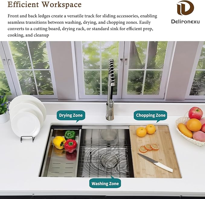 33x19 Undermount Kitchen Sink, Delironexu 33 Inch Kitchen Sink Workstation, 16 Gauge 304 Stainless Steel Undermount Kitchen Sink Single Bowl with Accessories