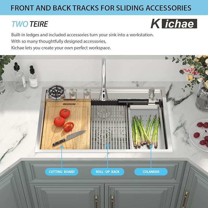 Kichae Drop In Kitchen Sink Waterfall - 33x22 Drop Sink Stainless Steel 16 Gauge Luxury Ledge Workstation Deep Single Bowl Topmount Overmount Sinks Splash Guard Design Handmade Basin