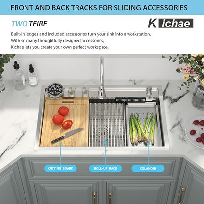 Kichae Drop In Kitchen Sink Waterfall - 33x22 Drop Sink Stainless Steel 16 Gauge Luxury Ledge Workstation Deep Single Bowl Topmount Overmount Sinks Splash Guard Design Handmade Basin