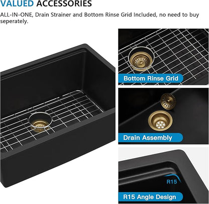 28"x19" Granite Composite Kitchen Sink - Matte Black Undermount Ledge Workstation Quartz Classic Under Counter Single Bowl Basin
