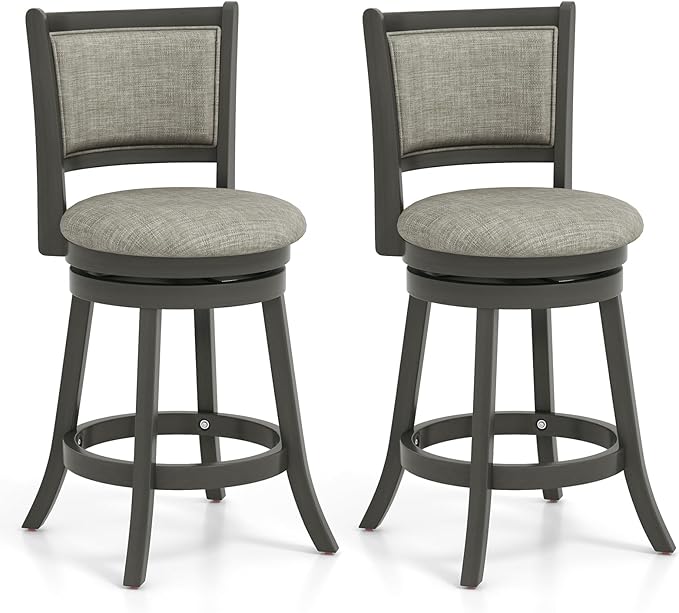 Giantex Swivel Counter Height Bar Stools Set of 2, 26.5" Upholstered Vintage Barstools w/Back, Linen Seat, Footrest, Farmhouse Wooden Counter Height Chairs for Kitchen Island Dining Room, Grey