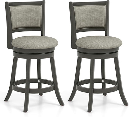 Giantex Swivel Counter Height Bar Stools Set of 2, 26.5" Upholstered Vintage Barstools w/Back, Linen Seat, Footrest, Farmhouse Wooden Counter Height Chairs for Kitchen Island Dining Room, Grey
