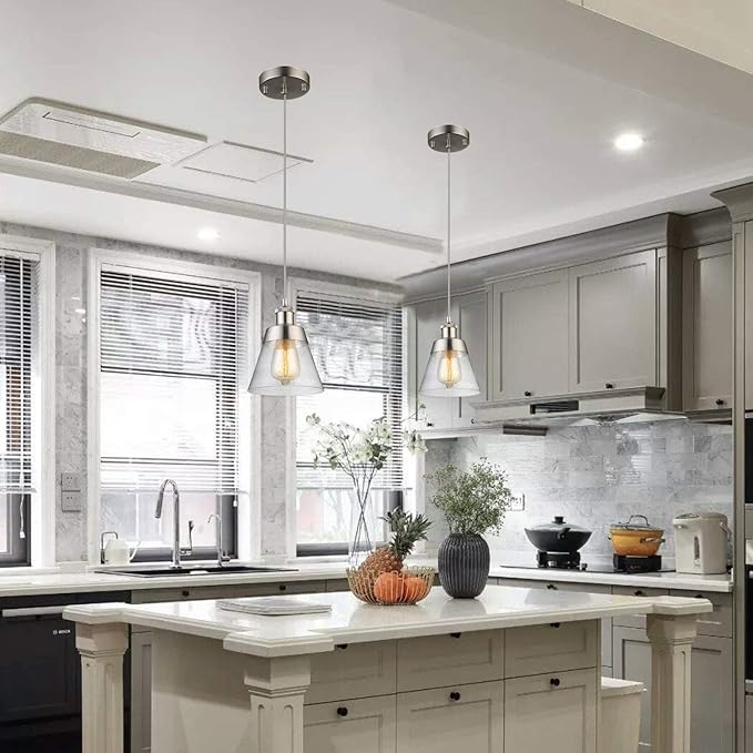 Modern Glass Pendant Light with Handblown Clear Seeded Glass Shade, One-Light Adjustable Industrial Mini Pendant Lighting Fixture for Kitchen Island Cafe Bar, Brushed Nickel