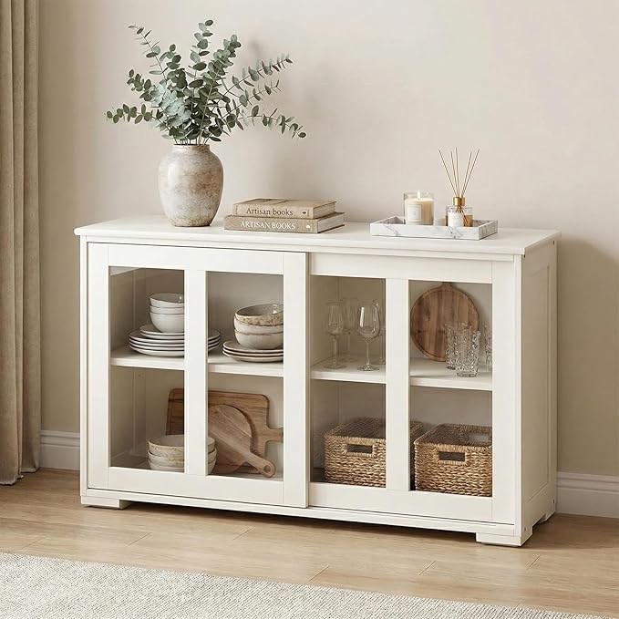 NAFORT Wooden Buffet Cabinet Sideboard with Sliding Doors, Kitchen Storage Console Table, Accent Coffee Bar with Adjustable Shelf for Living Room, Dining Room (White, 13" D x 42" W x 24.5" H)