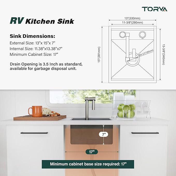 TORVA RV Kitchen Sink, 13 x 15 x 7 Inch Undermount Bar Sink 16 Gauge Stainless Steel Single Bowl Sink with Foldable Faucet Cutting Board, Grey